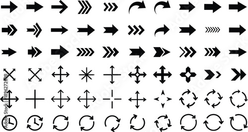 Black arrow icon set with navigation directions, rotation symbols, refresh indicators, movement signs, and user interface elements isolated on white background