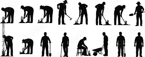 Farming and gardening worker silhouette collection showing planting, digging, hoeing, raking, resting, and wheelbarrow tasks, agricultural labor poses isolated on white background