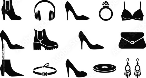 Fashion and lifestyle accessory silhouette icon set featuring women shoes, boots, high heels, headphones, jewelry, handbag, lingerie, earrings, and vinyl record isolated on white background