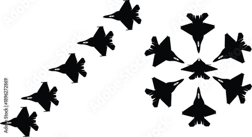Fighter jet aircraft silhouette set showing military airplanes in formation, top and side views, aviation combat symbols isolated on white background