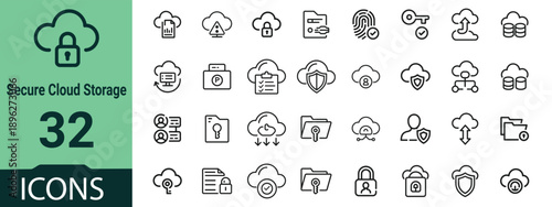 Collection of secure cloud storage icons, minimal outline vector set for cybersecurity