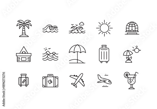 Travel Icons Palm Trees, Waves, Sun, Luggage