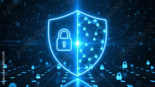 Secure digital shield protecting sensitive information in a global network, symbolizing robust cybersecurity, data privacy, and technological defense