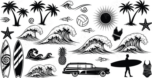 Summer beach and surf illustration set with ocean waves, palm trees, surfboards, sun, starfish, surfer, swimwear, and tropical vacation elements isolated on white