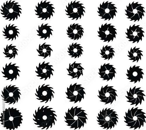 Industrial circular saw blade silhouettes, woodworking power tool cutting discs, carpentry equipment vector icons, metalwork hardware collection, sharp steel rotary saw elements,