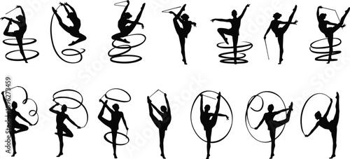 Rhythmic gymnastics athlete silhouette set showing ribbon dance poses, flexible movements, sport performance, artistic exercise figures isolated on white background