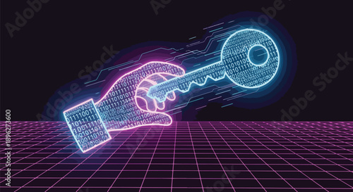 Digital hand holding glowing neon key made of binary code, representing access and technology in a futuristic grid environment
