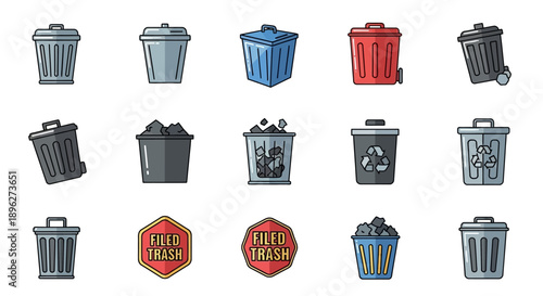 Collection of Various Trash Cans and Recycling Symbols.