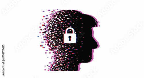 Silhouette of a human head dissolving into digital particles with a lock icon symbolizing mental security and privacy
