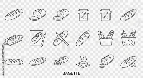 Various Hand Drawn Bagette Illustrations Set.