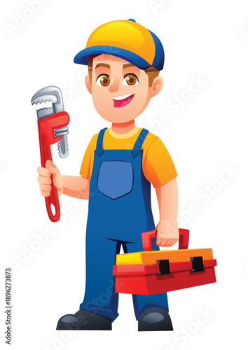 Capable boy plumber carrying a red toolbox and holding a large pipe wrench tool. Vector cartoon character illustration