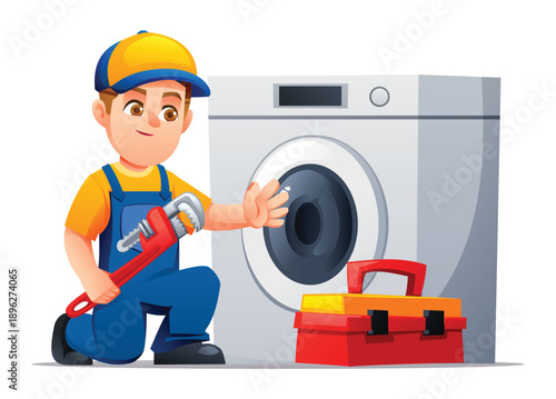 Little boy plumber repairing a washing machine with a wrench and red toolbox. Vector cartoon illustration