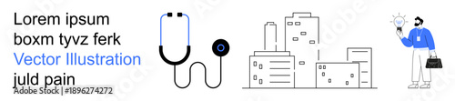 Healthcare innovation, urban development, modern medicine, medical tools, healthcare professionals, creative solutions. Stethoscope, cityscape and a man with a lightbulb idea. Healthcare innovation