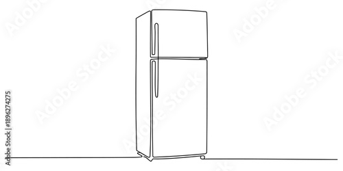 Continuous line art drawing of a modern two-door refrigerator, a kitchen appliance icon