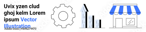 Business, entrepreneurship, innovation, retail, productivity, economic strategies. Gear, bar chart storefront. Business growth and entrepreneurship ideas through icons
