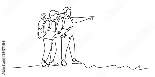 Continuous line drawing of a hiking couple with backpacks and a map, pointing the direction