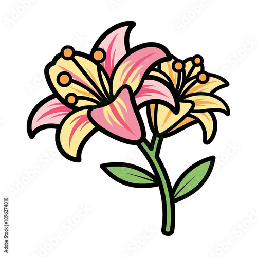 Vibrant cartoon illustration of two yellow and pink lily flowers with green leaves on a white background, showcasing their delicate petals and bright colors.