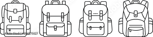 Four different backpack designs in simple line drawings