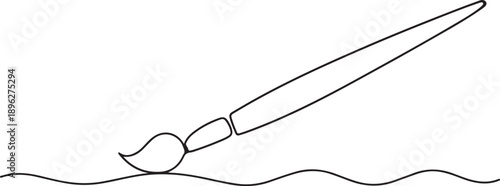 One continuous line art paint brush icon, classic artist tool, minimalist vector drawing.