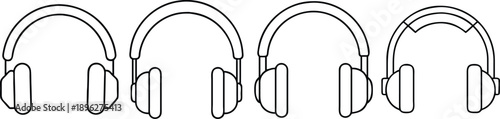 A set of four different headphones with varying designs and shapes