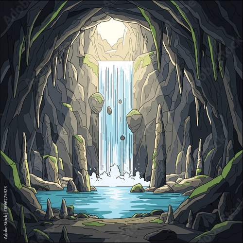 Sunlit Cave Interior with Cascading Waterfall and Serene Underground Lake, Mysterious Grotto Vector Illustration