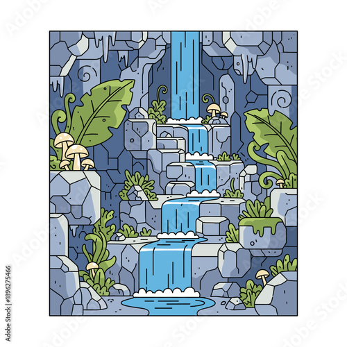 Stylized Cartoon Waterfall Illustration in a Rocky Grotto with Lush Foliage and Mushrooms; Fantasy Nature Landscape Vector Art