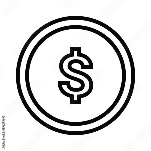 Black and white outline dollar coin symbol. Minimalist currency sign for web, app interface, and financial design
