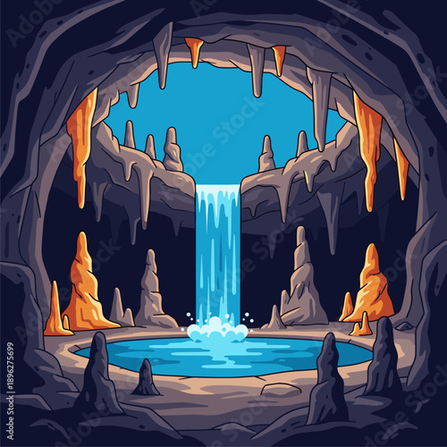 Colorful Cartoon Cave Interior with Waterfall, Crystal Clear Pool, and Unique Rock Formations. Vibrant Underground Grotto Illustration