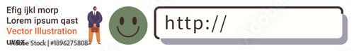 Online communication, web browsing, user engagement, digital interaction, user interface, internet usage. happy face, a person and an HTTP URL field. Online communication and web browsing concept