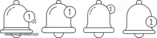 Four different views of a simple bell icon with number one
