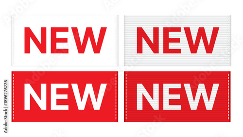Red “NEW” Textile Label Set, Fabric Tags and Woven Signs for Clothing and Retail Products, Promotional New Arrival Vector Illustration