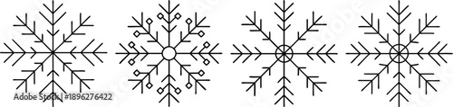 A set of four unique snowflakes with intricate patterns and symmetrical designs