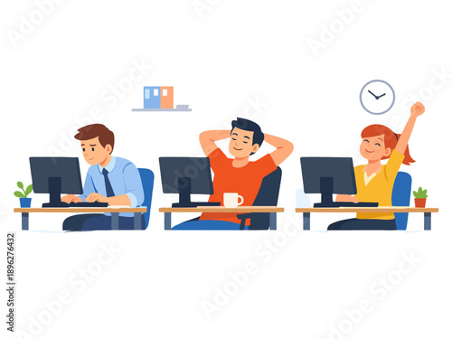 Three Office Workers at Desks Showing Different Workday Moods 