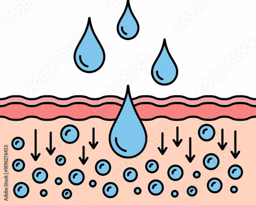 Cartoon illustration of water droplets on and under skin layers