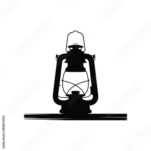 A simple black silhouette of a vintage kerosene lantern on base