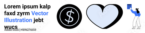 Financial education, economics, love, knowledge sharing, charity, and minimalism. Black dollar symbol, blue-shaded heart person holding a book. Financial education and economics concept