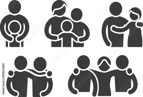 Family hug and care silhouette icon set illustration