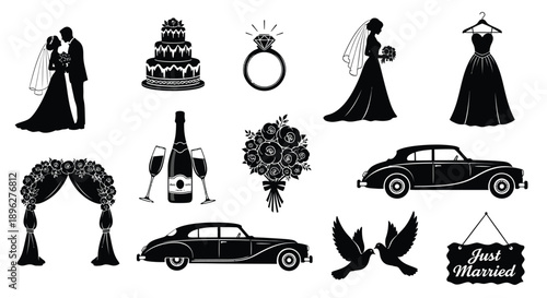 Black silhouettes of wedding icons including couples cakes rings dresses cars flowers and champagne on a white background for design and decoration
