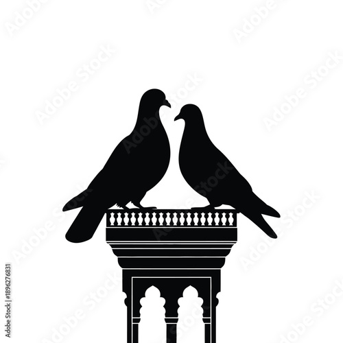 Two pigeons perched on an ornate architectural structure