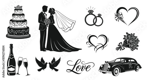 Wedding symbols and icons including bride groom cake rings hearts and champagne on white background for love and marriage concepts