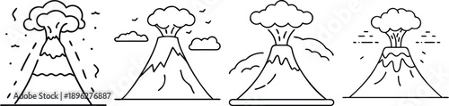 Four volcanoes erupting with different explosion styles and ash clouds