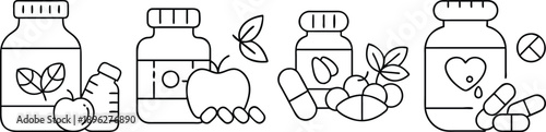 Illustration of four medicine bottles with leaves and fruits