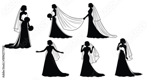 Black silhouettes of brides in various wedding dresses and veils holding bouquets against a white background for wedding or bridal design use