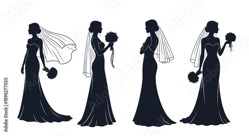 Four silhouettes of brides in wedding dresses with veils and bouquets on white background