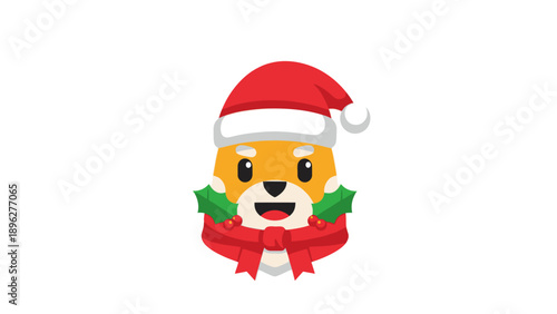 Cute Shiba Inu Dog Wearing Santa Hat and Christmas Scarf