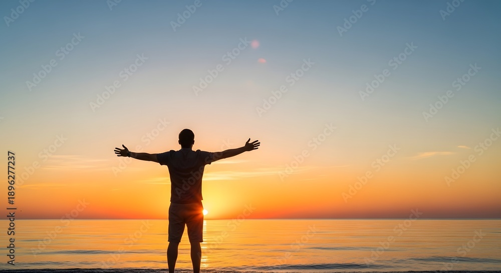 Fototapeta premium Man enjoying morning walk at sunrise for a healthy lifestyle by the ocean