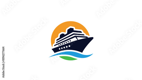 Cruise Ship Sailing on Water with Sun Emblem