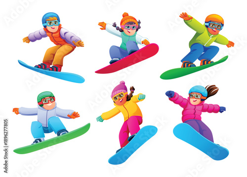 Group of children character set snowboarding in winter gear and goggles. Vector cartoon illustration