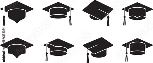 Academic graduation caps or mortarboards with tassels in various poses symbolizing achievement and success