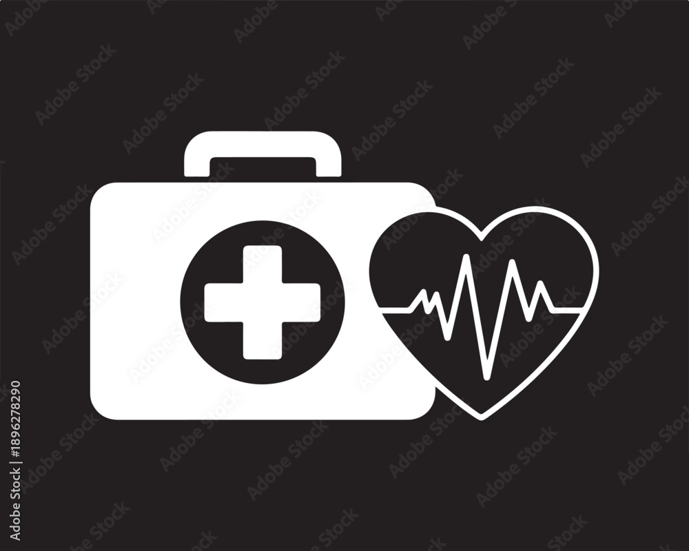 Fototapeta premium Medical first aid kit and heartbeat electrocardiogram ekg line graph symbol health care emergency medical assistance